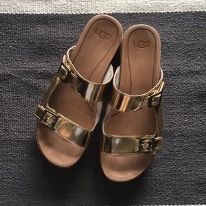 UGG Metallic Gold Double Buckle Slide Sandals 9